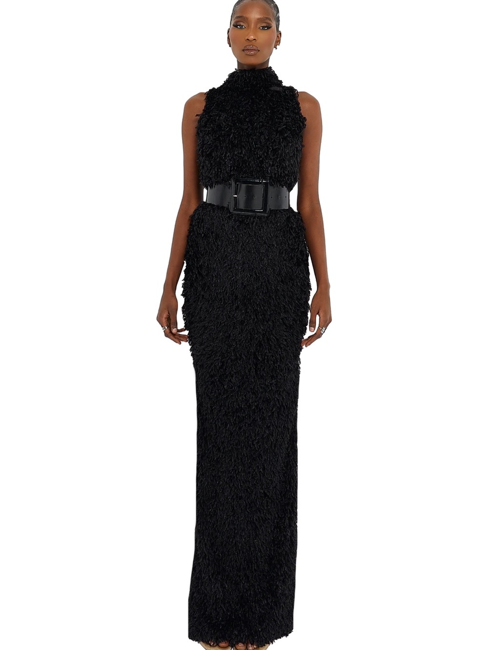 Black Textured Maxi Dress with High Neck